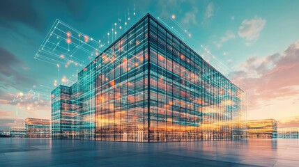 A D rendering of a business office building with a digital technology overlay.