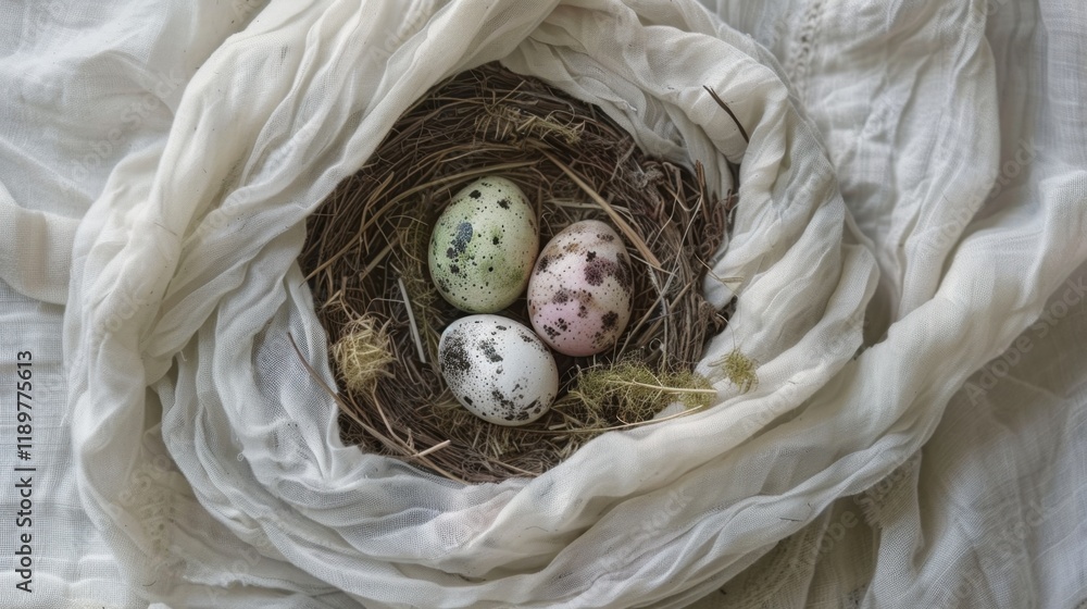 Aufkleber serene nest with three speckled eggs resting on soft fabric, symbolizing new beginnings and nature b