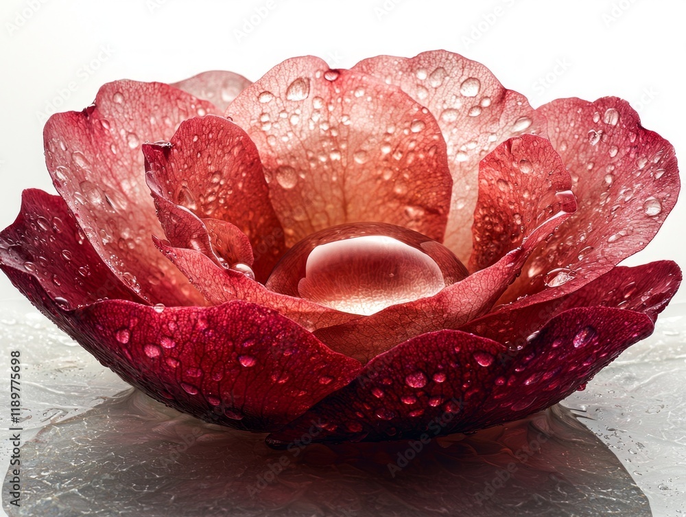 Poster crystal clear droplet rests on soft surface of red rose petal magnifying its delicate texture while 