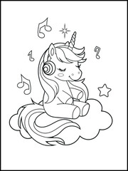 Printable Unicorn coloring page for kids.A cute unicorn wearing headphones and listening to music . Black and white unicorn cartoon characters for children's activity books.