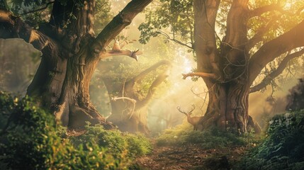 a whimsical fairytale forest with towering trees and mystical creatures, No objects, white space in the center of the page for text