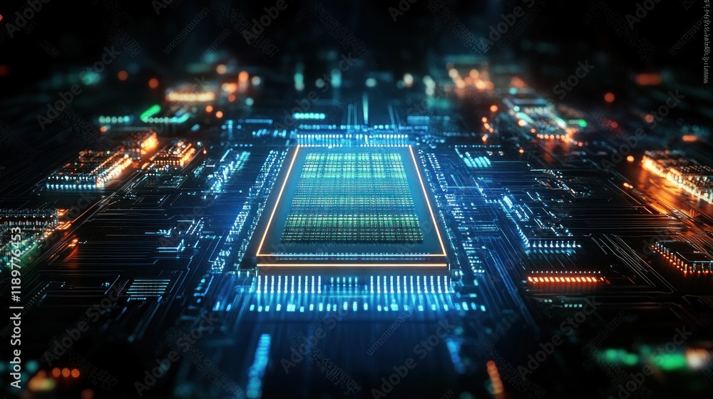 Poster futuristic circuit board design with microchip and neon lights in cyberpunk style