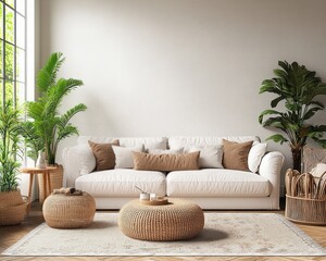 Cozy Modern Living Room with Plush White Sofa and Lush Green Plants