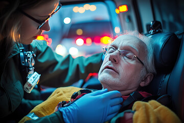 Obraz premium Paramedic gently checking an elderly patient in an ambulance at night.