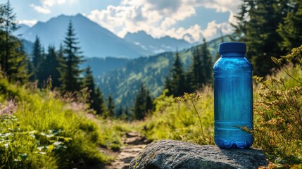 A blue plastic water bottle standing on a rock with a scenic mountain trail in the background.