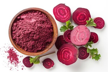 Beetroot Beet Root Powder with Fresh Fruit Isolated on White Background, Top View, Flat Lay