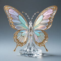 Elegant Crystal Butterfly Sculpture with Gold Filigree and Pastel-Colored Wings
