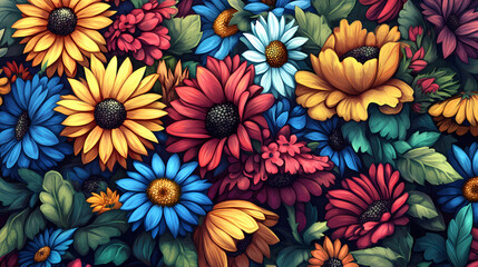 A vibrant, colorful bouquet of freshly picked flowers, including daisies, sunflowers, and roses, arranged in a. Thornshade. Illustration