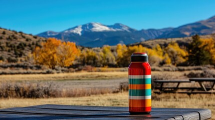 A brightly colored reusable water bottle on a picnic table with a mountain view in the background.
