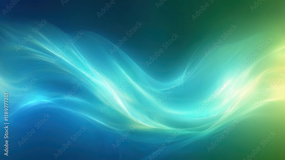 Poster abstract design with soft blue-green gradient. smooth texture, light waves flow across backdrop. mod