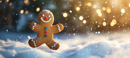 A smiling gingerbread person dancing in the snow with a Christmas card background and space for text.