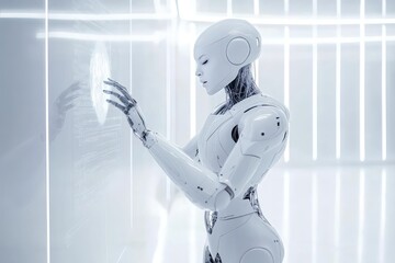 futuristic white robot woman interacting with digital hologram sleek design hightech environment