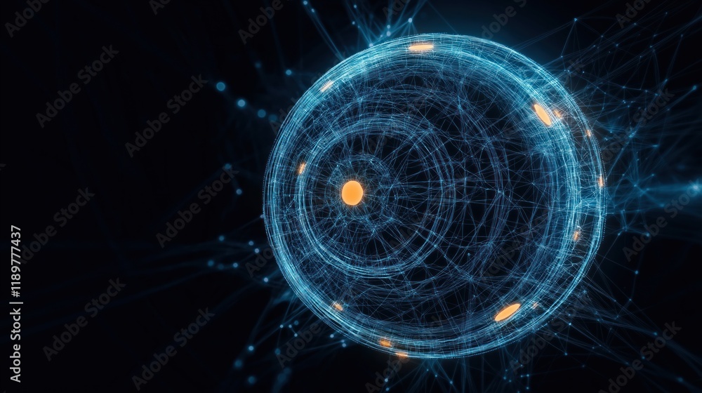 Poster futuristic graphic design visualizing blockchain network. abstract sphere with interconnected lines,