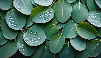 Fototapeta premium Close-up of dew-kissed eucalyptus leaves. Lush, green, and vibrant.