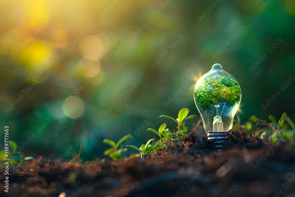 Poster lightbulb with miniature tree in soil with seedlings