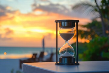 hourglass capturing sand as time counts down against a blurred backdrop