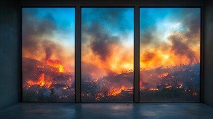 Window - wildfire scene with the blurred hills background - brushfire - emergency - tragedy - home loss - burned down 