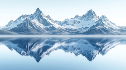 Obraz premium Serene mountain lake reflects snow-capped peaks. Calm water mirrors tranquil peaks. Pristine white background isolates scene. Perfect for nature enthusiasts. Stunning winter landscape. Tranquil