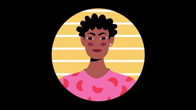 A cartoon illustration of an African individual with short curly hair wearing a pink shirt with patterns.