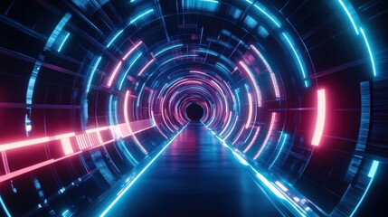 Obraz premium Futuristic Tunnel with Glowing Neon Lights and Dynamic Perspective for Sci-Fi Theme