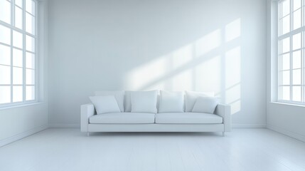 Fototapeta premium Fresh white living room with clean lines, cozy furnishings, and a minimalist design.