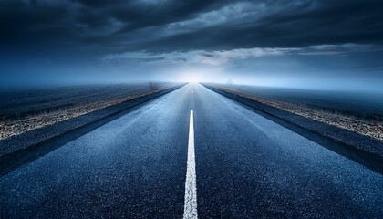Endless asphalt road vanishing into a misty horizon under a dramatic sky.