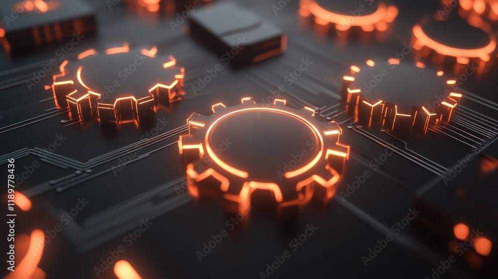 Aufkleber a business concept image with digital gears and glowing circuits.