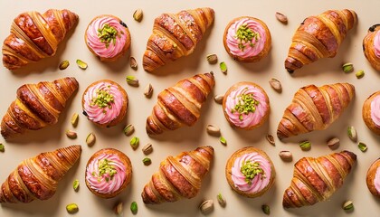 Rows of golden croissants and pink pastries with pistachios.