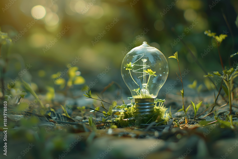 Poster lightbulb with plants in forest setting