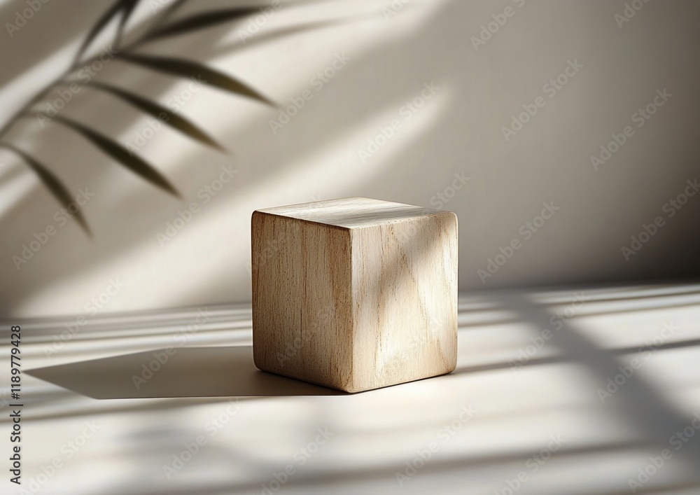 Poster minimalistic wooden cube on smooth surface in natural light scandinavian design