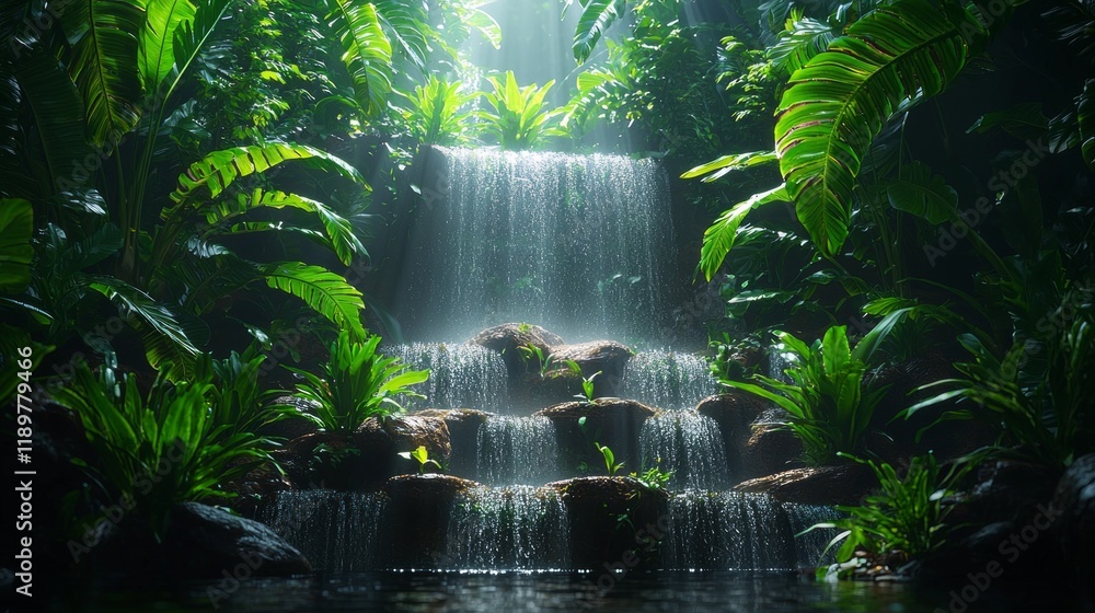 Poster mineral spring cascades gently over rocks in dense forest. sunlight filters through canopy creating 