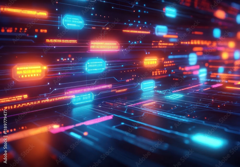 Poster futuristic digital flowchart cyberpunk programming technology aesthetic with neon blue and orange co