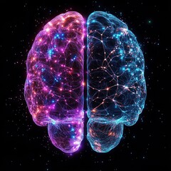 Futuristic Human Brain Digital Rendering with Glowing Neural Connections on Black Background