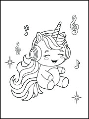Printable Unicorn coloring page for kids.A cute unicorn wearing headphones and listening to music . Black and white unicorn cartoon characters for children's activity books.