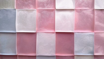 Fototapeta premium Pastel pink and white square tiles create a soft, dreamy background.