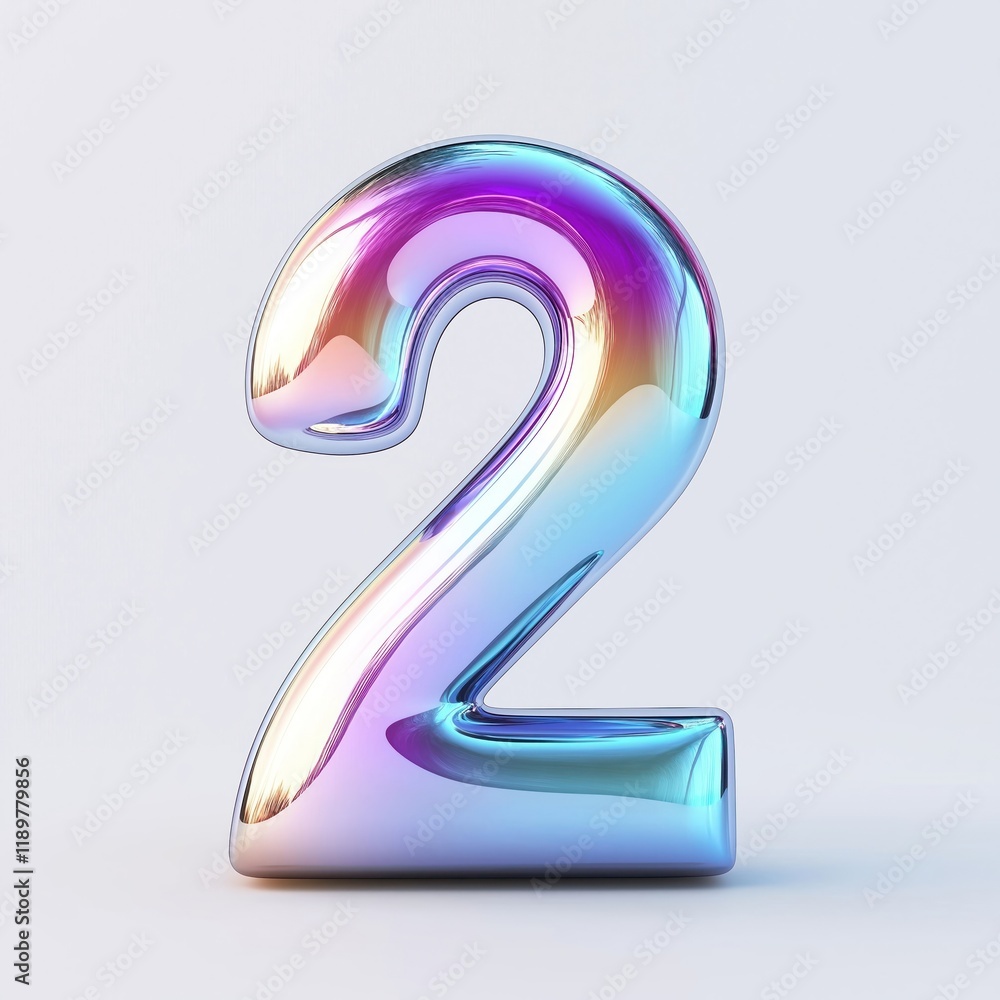 Fototapete Vibrant glossy number two with iridescent hues. Shiny reflections of light create playful visual effect. Perfect decoration for celebrations. Modern design element suitable for parties events. Ideal