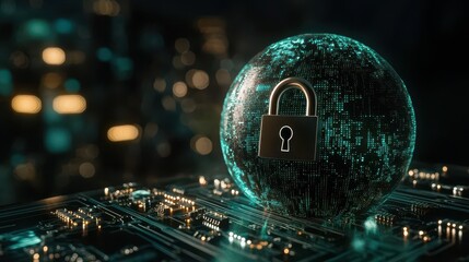 A globe with a digital padlock over a circuit board, set against a dark background.