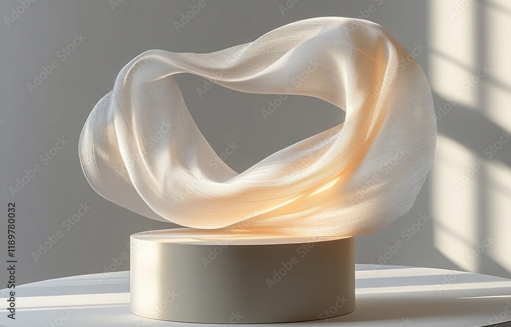 Poster minimalist 3d display podium with flowing fabric in soft ambience for cosmetic product presentation