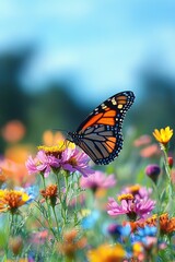 Fototapeta premium Monarch Butterfly on Colorful Wildflowers in Summer Garden