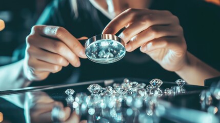 A close-up of a jeweler using a magnifying glass to inspect a gemstone.