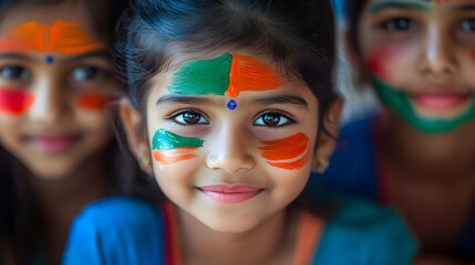 Fototapeta premium Smiling girl, painted face, Holi festival, India, childhood