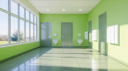 Fototapeta premium A green-themed public bathroom interior showcasing toilet cubicles with an open door and a mock-up wall.