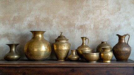 A collection of antique brass pots arranged on a wooden table with vintage decor.