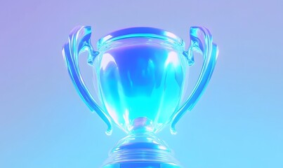 Iridescent blue trophy cup on gradient background.