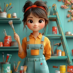 3D Illustration of Cheerful Young Woman Painter Holding Paintbrush with Teal Ladder and Paint Cans in Playful Cartoon Style