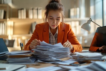 Businesswoman sits at desk overloaded with paperwork. Carefully searches through large stack of documents. Laptop, office supplies scattered around. Stressful but organized work environment. Likely
