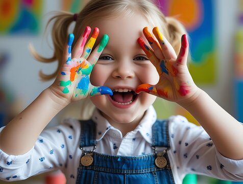 Smiling girl with painted hands showcasing colorful rainbow handprints while playing with art materials, expressing joy and creativity in a bright and playful environment filled with vibrant colors an