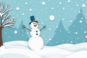 Illustration of Snowman in Snowy Landscape