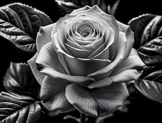 Elegant black-and-white close-up of a blooming rose with intricate petals and detailed leaves, showcasing the timeless beauty and sophistication of nature in monochrome photography

