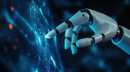 A human finger and a robot finger are poised to touch, symbolizing the interaction between human and artificial intelligence.